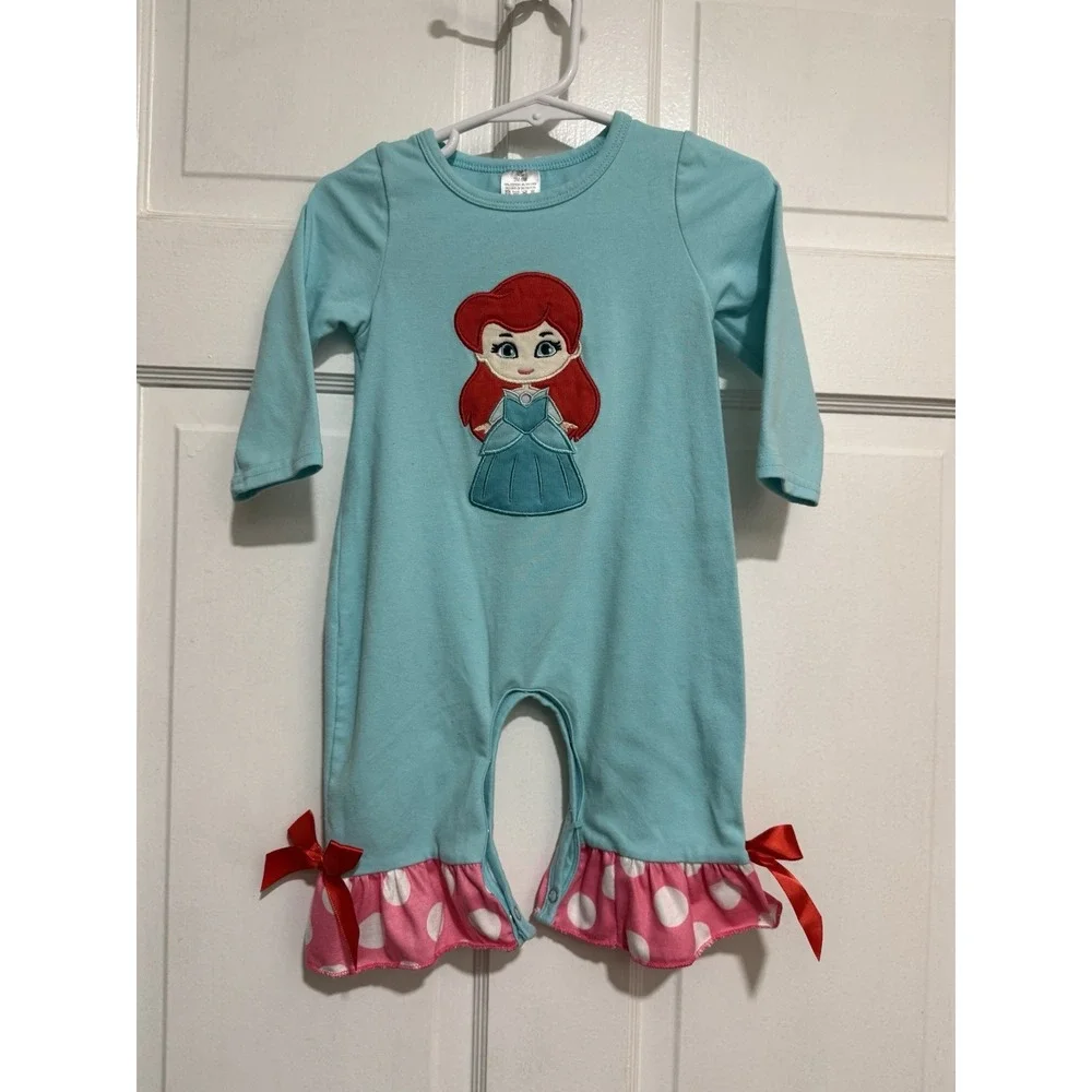 3m-6m Girls Ariel Princess Appliqué Long Sleeve Pants One Piece Outfit Disney